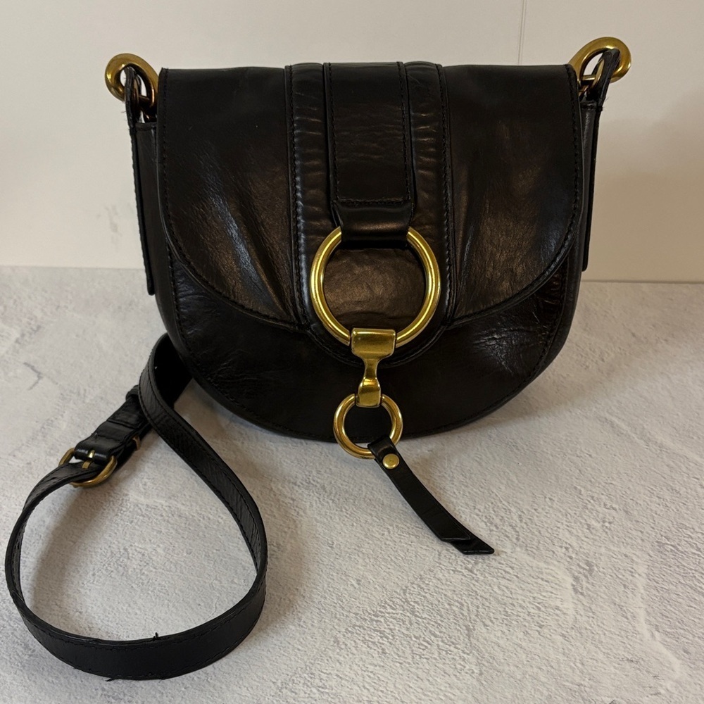 FRYE Ilana Ring Black Saddle Crossbody Bag with Brass Hardware